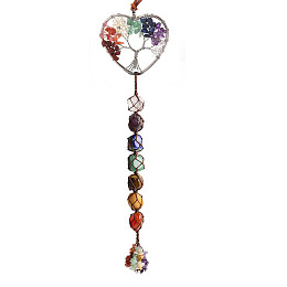 Honeyhandy Chakra Theme Natural Gemstone Big Pendant Decorations, with Random Color Hand Knitting Cord and Stone Chips Tassel, Heart with Tree of Life, Silver, 35cm