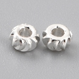 Honeyhandy Brass Beads, Long-Lasting Plated, Corrugated Rondelle, 925 Sterling Silver Plated, 2.5x1.5mm, Hole: 1mm