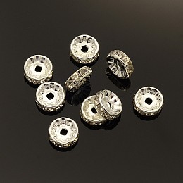 Honeyhandy Brass Rhinestone Spacer Beads, Grade A, Rondelle, Silver Color Plated, Size: about 10mm in diameter, 4mm thick, hole: 2mm