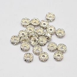 Honeyhandy Rack Plating Brass Rhinestone Bead Spacers, Rondelle, Silver Color Plated, 4x2mm, Hole: 1mm