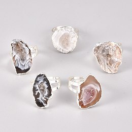 Honeyhandy Adjustable Natural Druzy Agate Finger Rings, with Brass Findings, Silver, US Size 8, Inner Diameter: 18~19mm