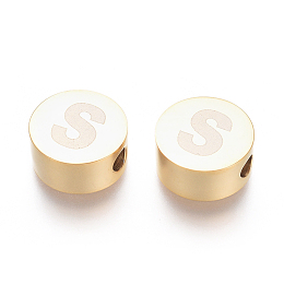 Honeyhandy 304 Stainless Steel Beads, Flat Round with Letter, Letter.S, 10x4.5mm, Hole: 2mm