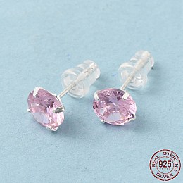 Honeyhandy Cubic Zirconia Diamond Stud Earrings, 925 Sterling Silver Jewelry for Women, Pink, 15~16x7mm, Pin: 0.8mm