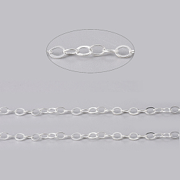 Brass Flat Oval Cable Chains, Unwelded, with Spool, Cadmium Free & Lead Free, Silver Color Plated, 3.5x3x0.5mm, about 32.8 Feet(10m)/roll