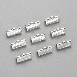 Honeyhandy Iron Ribbon Crimp Ends, Silver Color Plated, 7mm long, 13mm wide, hole: 2mm