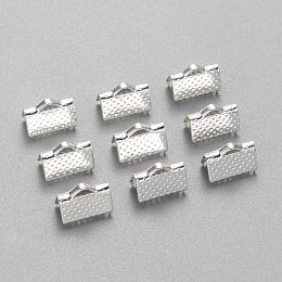 Honeyhandy Iron Ribbon Crimp Ends, Silver Color Plated, about 7mm long, 10mm wide, hole: 2mm