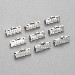 Honeyhandy Iron Ribbon Crimp Ends, Silver Color Plated, about 8mm long, 16mm wide, Hole: 1mm