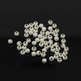 Honeyhandy 4mm Silver Color Plated Brass Round Textured Beads, hole: 1mm