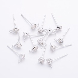 Honeyhandy Silver Color Plated Brass Post Earring Findings, with Loop and Rhinestone, Silver Color Plated, 15x4x0.8mm, Hole: 0.5mm