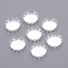 Honeyhandy Silver Color Plated Brass Blank Base Flat Round Lace Edge Bezel Cups, Cabochon Settings, Cadmium Free & Lead Free, Tray: 10mm