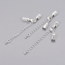 Honeyhandy Chain Extender, with Silver Color Plated Brass Clasp & Clip Ends, Lobster Claw Clasp and Cord Crimp, Nickel Free, Size: Clasp: 12x7.5x3mm, Cord Crimp: 5x13mm, Chain: 50mm long, 3.5mm wide, Hole: 1.5mm