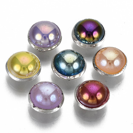 Honeyhandy Imitation Pearl ABS Plastic Sewing Buttons, 4-Hole, with Brass Findings, Half Round, Mixed Color, 8~8..5x6mm, Hole: 1mm, about 300pcs/bag