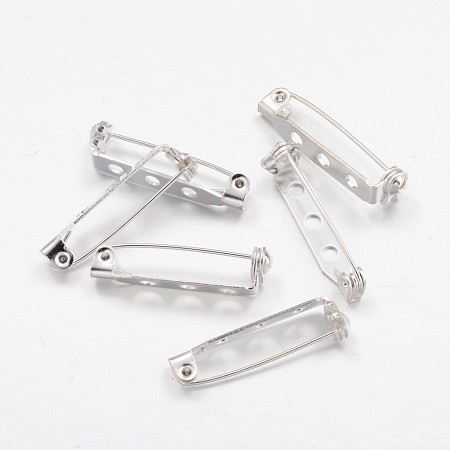 Honeyhandy Iron Brooch Findings, Back Bar Pins, Silver Color Plated, 27mm long, 5mm wide, 7mm thick, hole: about 1.5mm, Pin: 0.8mm