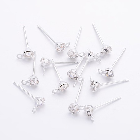 Honeyhandy Brass Post Earring Findings, with Loop and Rhinestone, Silver Color Plated, about 4mm wide, 15mm long, hole: 0.5mm, Pin: 0.8mm