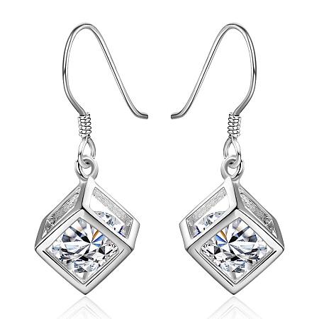 Honeyhandy Elegant Fashion Cube Brass Cubic Zirconia Dangle Earrings, Clear, Silver Color Plated, 30x11mm