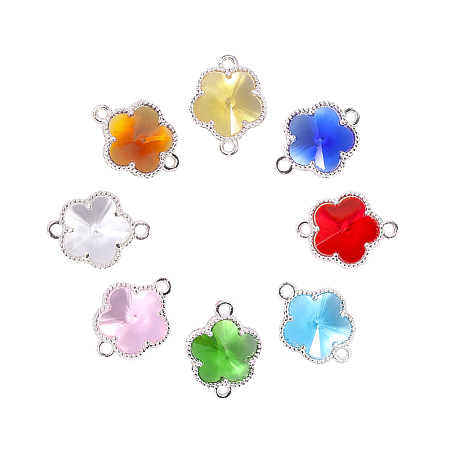 Glass Links connectors, with Environmental Alloy Open Back Berzel Findings, Flower, Silver Color Plated, Mixed Color, 15.5x12x5mm, Hole: 1.4mm