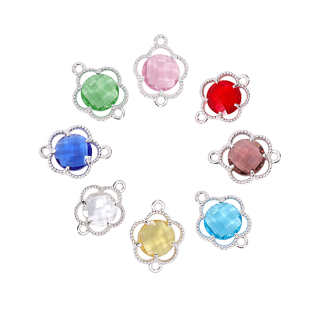 Glass Links connectors, with Environmental Alloy Open Back Berzel Findings, Faceted, Flower, Silver Color Plated, Mixed Color, 15.5x12x3mm, Hole: 1.4mm