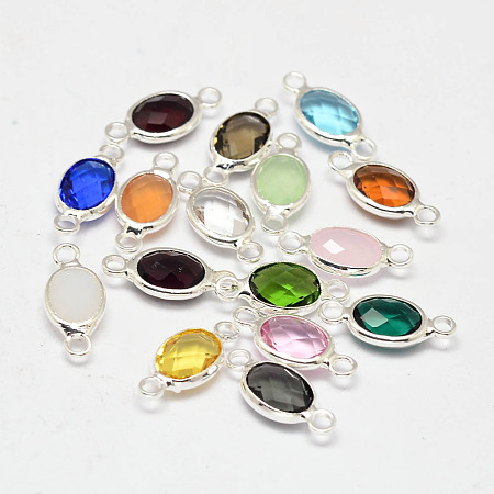 Honeyhandy Oval Faceted Silver Color Plated Brass Glass Links connectors, Mixed Color, 15x6.5x3.2mm, Hole: 1mm