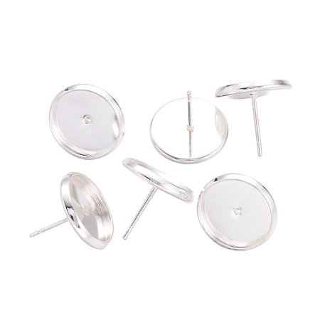 NBEADS 500 Pcs Silver Color Brass Ear Stud Components Bezel Settings Blank Peg & Post Earring Findings for DIY Earring Making