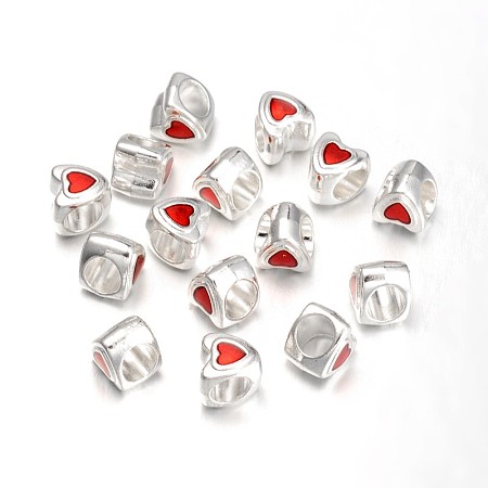 Alloy European Stlye Beads, Mother's Day Gifts Making, with Enamel, Large Hole Beads, Lead Free and Cadmium Free, Heart, Silver Color Plated, about 9mm long, 8.5mm wide, 9mm thick, hole: 4.5mm