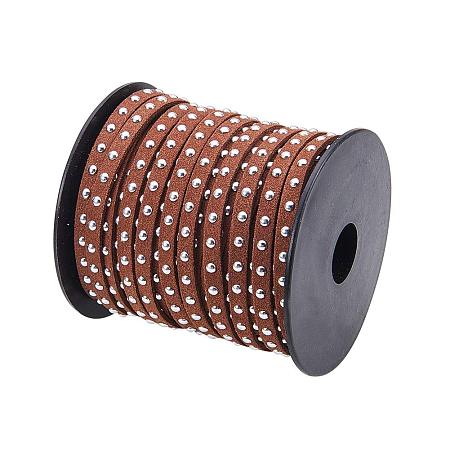NBEADS 20 Yards/Roll Saddle Brown 4.5mm Wide Studded Fiber Flat Faux Suede Leather Cords Strip Cord Lace Beading Thread Braiding String for Jewelry Making