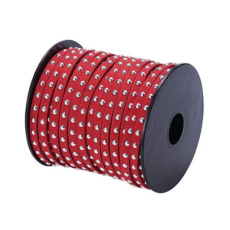NBEADS 20 Yards/Roll Dark Red 4.5mm Wide Studded Fiber Flat Faux Suede Leather Cords Strip Cord Lace Beading Thread Braiding String for Jewelry Making