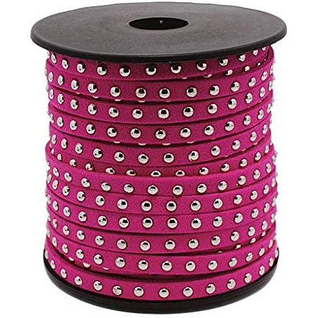 CHGCRAFT 20 Yards/Roll Wide Silver Aluminum Studded Faux Suede Leather Cords Strip Cord Lace Beading Thread Braiding String for Jewelry Making, Cerise