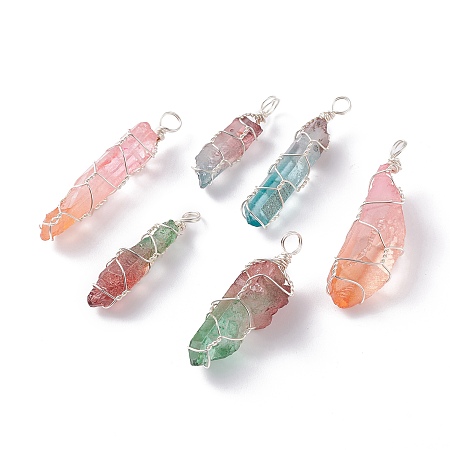 Honeyhandy Natural Dyed Quartz Bead Pendants, with Eco-Friendly Copper Wire, Two Tone, Bullet, Mixed Color, Silver, 31~50x6~12x5~12mm, Hole: 4~4.5mm