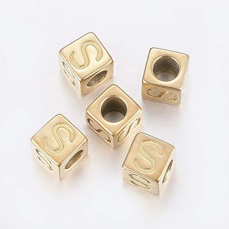 UNICRAFTALE 10pcs Cube with Letter S Charms Golden European Pendants Stainless Steel 5mm Large Hole European Beads for Bracelet Necklace Jewelry Making 8x8x8mm