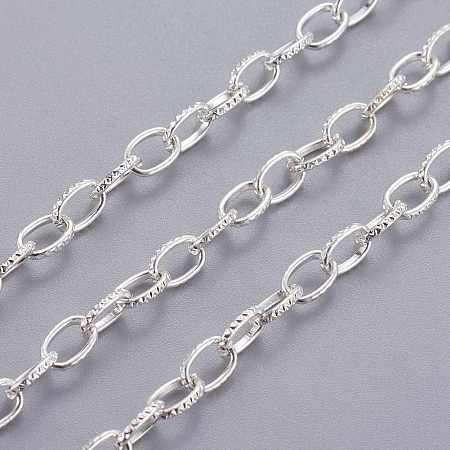 Honeyhandy Iron Cable Chains, Textured, Unwelded, with Spool, Flat Oval, Silver Color Plated, 7x4.5x1mm