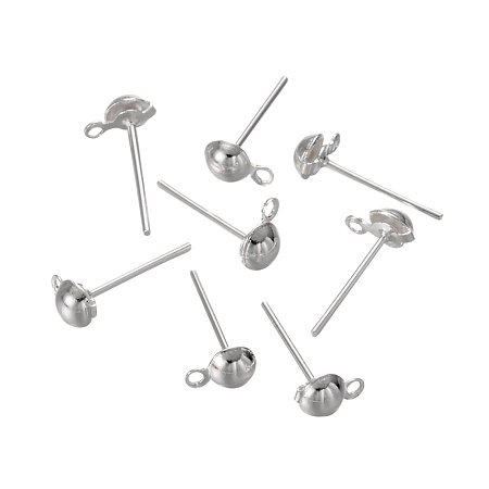 NBEADS 100 Pcs Iron Earrings Posts 4.3mm Half Ball with Ring for Jewelry Earring Making Findings (Silver)
