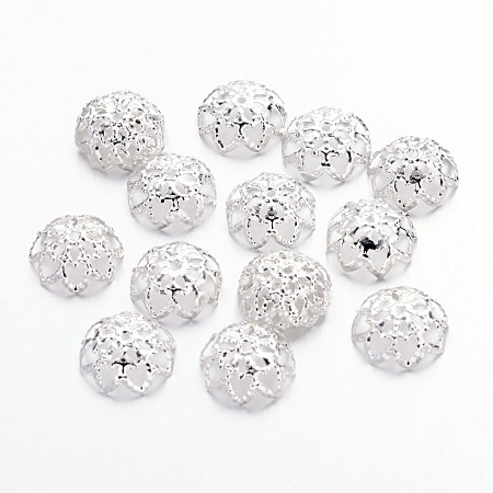 ARRICRAFT Iron Bead Caps, Flower, Silver Color Plated, 9x4mm, Hole: 1mm, about 100pcs/10g