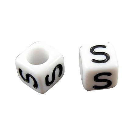 ARRICRAFT 50g (about 300pcs) 6mm Letter S White Cube Alphabet Acrylic Beads for Name Jewelry Making