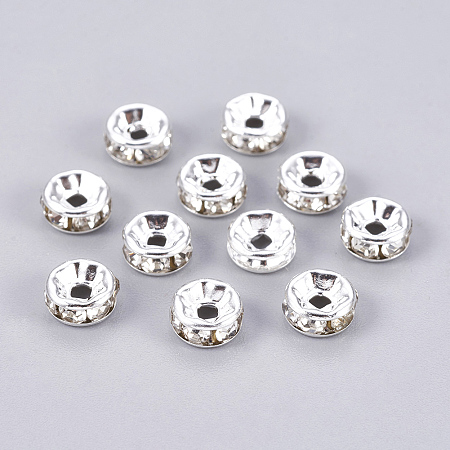Honeyhandy Brass Rhinestone Spacer Beads, Grade A, Rondelle, Silver Color Plated, Size: about 6mm in diameter, 3mm thick, hole: 1.5mm