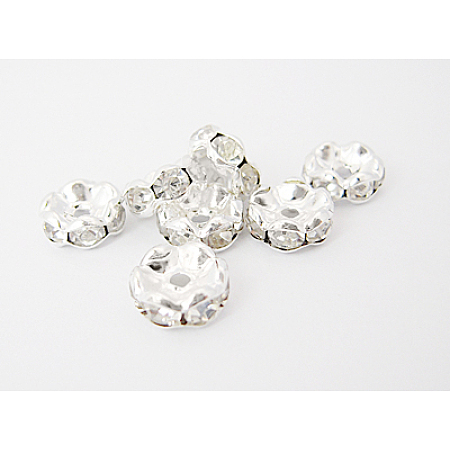 Honeyhandy Brass Rhinestone Spacer Beads, Grade A, Waves Edge, Rondelle, Silver Color Plated, Clear, Size: about 10mm in diameter, 4mm thick, hole: 2mm