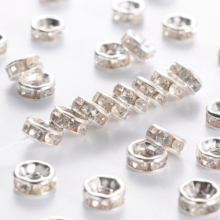 Honeyhandy Iron Rhinestone Spacer Beads, Grade B, Straight Edge, Rondelle, Silver Color Plated, Clear, Size: about 6mm in diameter, 3mm thick, Hole: 1.5mm