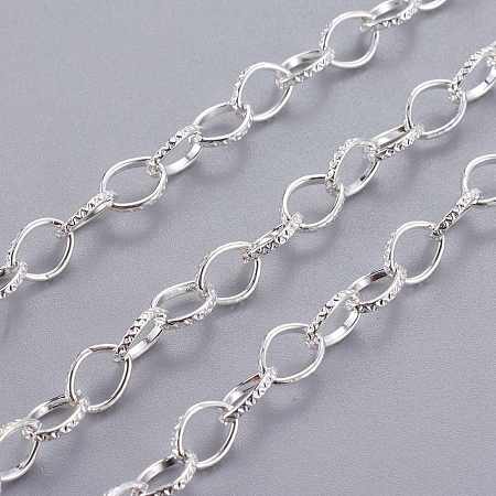Honeyhandy Iron Cable Chains, Textured, Unwelded, with Spool, Flat Oval, Silver Color Plated, 8x6x1mm, about 15cm/strand