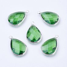 Honeyhandy Silver Color Plated Brass Glass Teardrop Pendants, Faceted, Lime, 18x10x5mm, Hole: 2mm