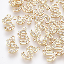 Honeyhandy Brass Cubic Zirconia Charms, Letter, Clear, Real 18K Gold Plated, Letter.S, 11x6x1.5mm, Hole: 1mm