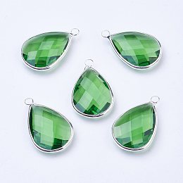 Honeyhandy Silver Color Plated Brass Glass Teardrop Pendants, Faceted, Lime, 18x10x5mm, Hole: 2mm