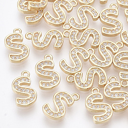 Honeyhandy Brass Cubic Zirconia Charms, Letter, Clear, Real 18K Gold Plated, Letter.S, 11x6x1.5mm, Hole: 1mm