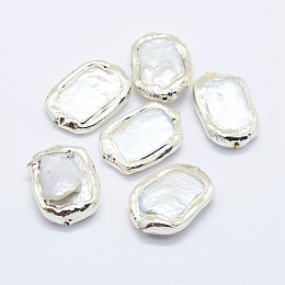 Honeyhandy Natural Cultured Freshwater Pearl Beads, Edge Silver Color Plated Plated, Rectangle, Silver, 18.5~24x11.5~18.5x4~9mm, Hole: 1mm