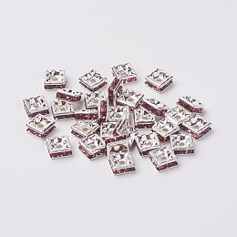 Honeyhandy Brass Rhinestone Spacer Beads, Grade A, Silver Color Plated, Square, Light Amethyst, 6x6x3mm, Hole: 1mm