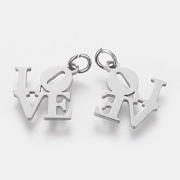 Honeyhandy 304 Stainless Steel Pendants, Word Love, Stainless Steel Color, 16x16x1mm, Hole: 3mm