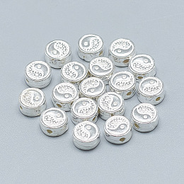 Honeyhandy Feng Shui 925 Sterling Silver Beads, Flat Round with Yin Yang, Silver, 7.5x4mm, Hole: 1.4mm