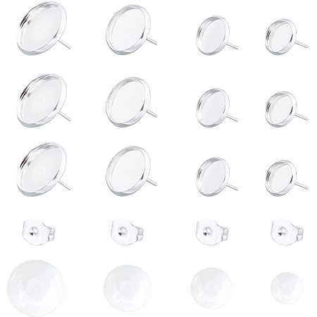 UNICRAFTALE About 32sets 8/10/12/14mm Silver Tray Earring Bezel with Cabochons 4 Sizes Stainless Steel Stud Earring Earring Blank Bezel Tray for Jewelry Making