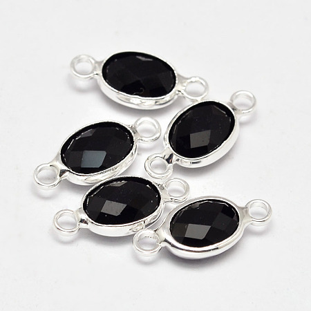 Oval Faceted Silver Color Plated Brass Glass Links connectors, Black, 15x6.5x3.2mm, Hole: 1mm