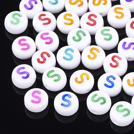 Honeyhandy Initial Acrylic Beads, Horizontal Hole, Flat Round, Mixed Color, Letter.S, 7x3.5~4mm, Hole: 1.2mm, about 370pcs/50g