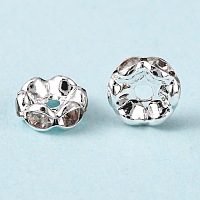 Honeyhandy Brass Rhinestone Spacer Beads, Grade A, Wavy Edge, Silver Color Plated, Rondelle, Crystal, 8x3.8mm, Hole: 1mm