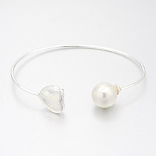 Honeyhandy Nickel Free Silver Color Plated Brass Glass Cuff Bangles, Torque Bangles, with Round Acrylic Pearl, WhiteSmoke, 50x64mm